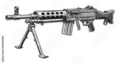 Detailed line drawing of a powerful military machine gun equipped with a stable bipod, perfect for historical documents, securityrelated publications, and weapon education materials