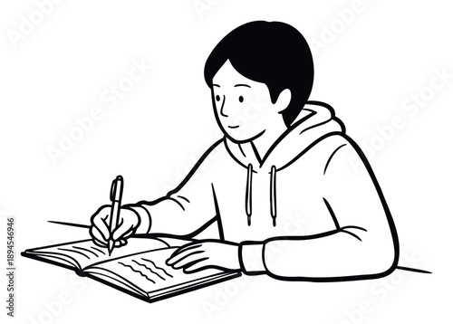 Young student diligently studying and writing notes in an open book with a pen, depicting concentration and learning suitable for educational materials and academic publications.