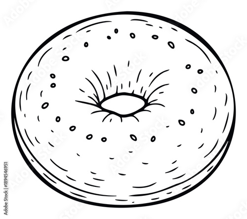 Freshly baked bagel line drawing illustration suitable for cafe branding, recipe books, food packaging, or cheerful morning meal graphic resources.