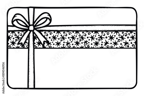 Stylized hand drawn gift voucher template featuring a decorative ribbon and abstract star motifs, ideal for holiday promotions, birthday presents, or special event celebrations.