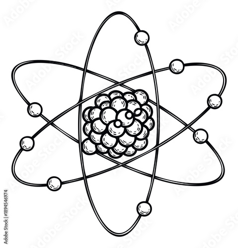 Detailed atomic structure with electrons orbiting a dense nucleus, perfect for scientific education materials, physics textbooks, or chemistry presentations to illustrate fundamental