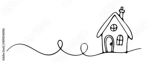 Hand drawn simple house outline with a chimney and windows connected by a flowing single line, suitable for real estate branding, property promotions, or cozy home presentations.