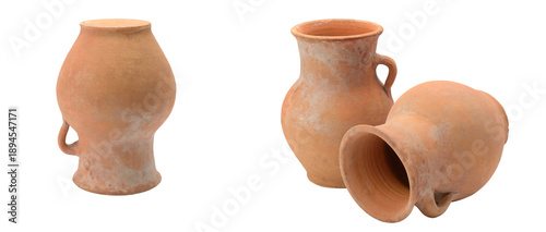Canvas Print four ancient terracotta pots and jars with handles, displayed in various orientations on a transparent background, highlighting their worn, textured surfaces