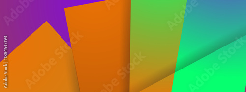 Creative abstract background featuring bright overlapping paper style shapes in orange purple and green tones