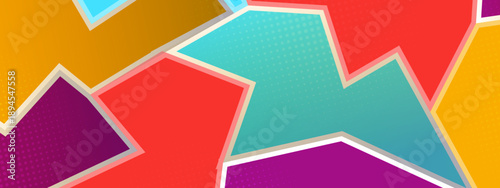 Vibrant abstract background with multicolored geometric shapes and halftone dots in a retro pop art comic book style
