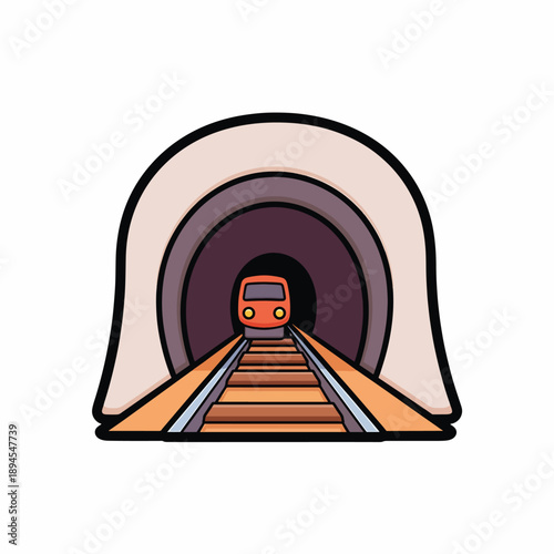 A cartoon train entering a tunnel on tracks