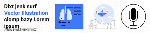 Healthcare, diagnostics, technology, public health, digital communication, podcasting. Blue lungs diagram, a person balancing on a graph a microphone icon. Healthcare and diagnostics