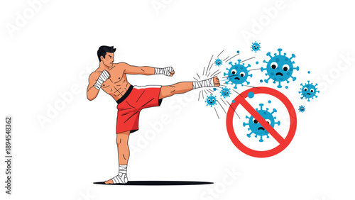 Muscular kickboxer in red shorts delivers a powerful kick to destroy floating coronavirus particles symbolizing the fight against pandemic disease.