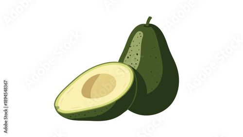 Whole and sliced green avocado showing the large seed inside presented in a clean and fresh illustration style on a plain white background.