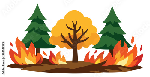 Cartoon style illustration of a forest fire depicting trees burning for environmental disaster warning