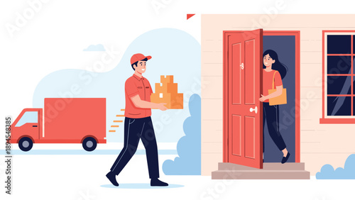 Friendly delivery man wearing a red uniform carries a stack of cardboard boxes to a smiling woman standing at her open house door.