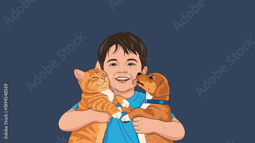 Happy young boy with a joyful smile hugging an orange tabby cat and a brown puppy who is playfully licking his face on blue.