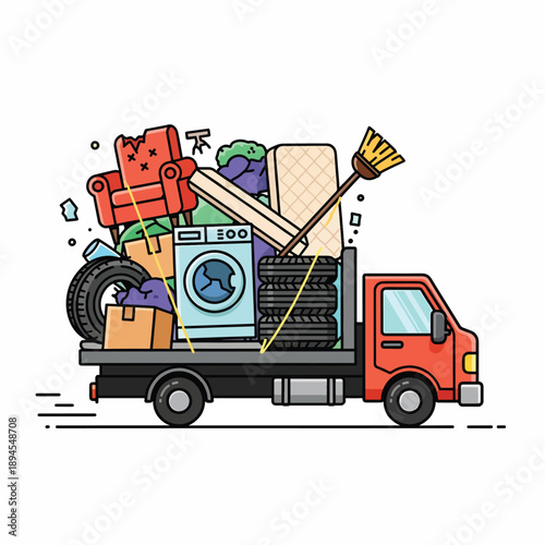 A cartoon truck overflowing with household items and junk