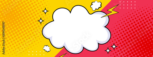 Retro comic book inspired background with halftone dots lightning bolts and a central speech bubble