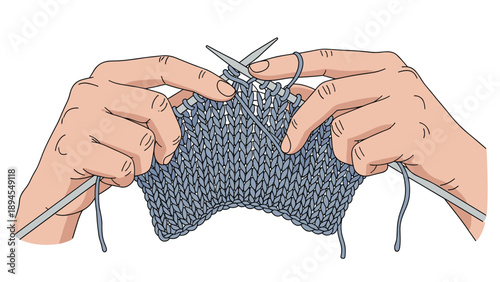 Pair of hands using two metal needles to knit a blue woolen fabric with intricate stitches against a plain white background.