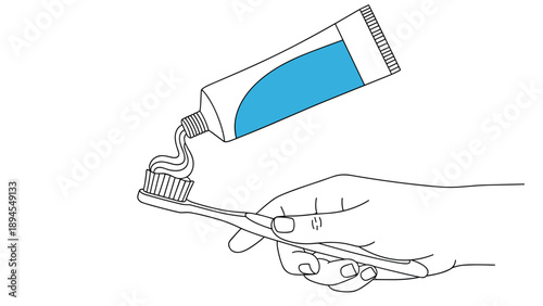 Hand drawn illustration of a tube of blue paste being squeezed onto a white toothbrush to show dental hygiene and oral care.