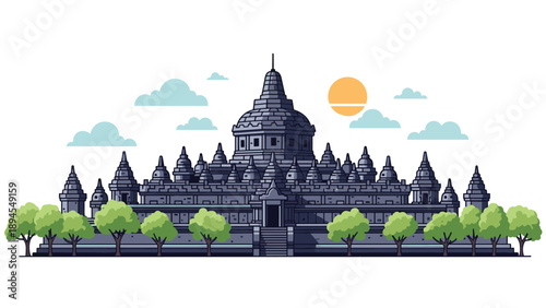 Detailed architectural illustration of the ancient borobudur buddhist temple in indonesia with green trees and a setting sun.