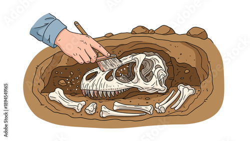 Hand of a researcher using a brush to carefully uncover and clean a large dinosaur skull and bones in a dirt excavation site.