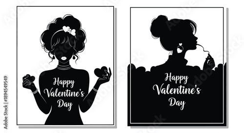 Two black silhouette portraits celebrating valentine s day with floral details