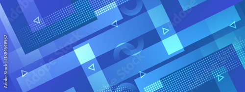 High tech blue background with overlapping geometric rectangles and halftone patterns for software and web design
