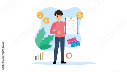 Business Finance Illustration with Man, Charts, and Money Icons for Financial Planning