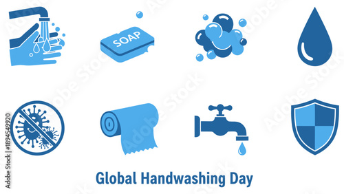 Blue icons illustrating handwashing steps and germ protection below text