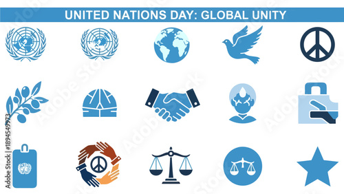 Blue icons representing United Nations themes displayed in three rows of five