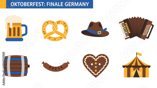 Eight icons related to Oktoberfest in two rows against a white background