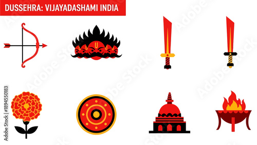 Eight simplified icons related to DussehraVijayadashami including a bow Ravanas heads swords a marigold a shield a stupa and a fire pit