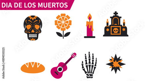 Graphic icons representing elements of Día de los Muertos celebration