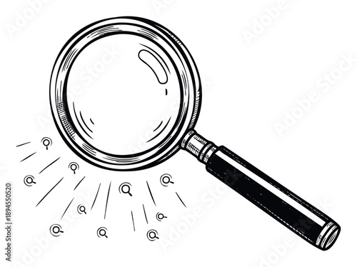 Hand drawn engraving style magnifying glass tool surrounded by smaller search icons representing comprehensive information discovery and thorough investigation for business presentations or