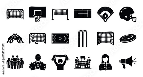 A comprehensive collection of sports equipment and event related icons representing various popular athletic games and professional competitions ideal for graphic projects and web