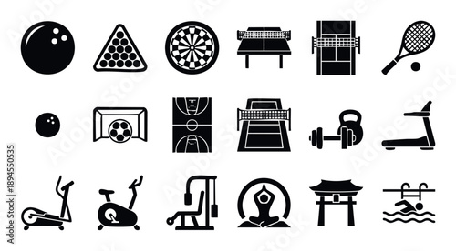 A comprehensive collection of sports and fitness equipment and activity icons, including bowling, billiards, darts, table tennis, tennis, soccer, basketball, volleyball, weight training,