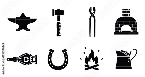 Blacksmithing tools and equipment set with essential forging instruments like an anvil, sledgehammer, tongs, and a hot forge for traditional metalwork crafts