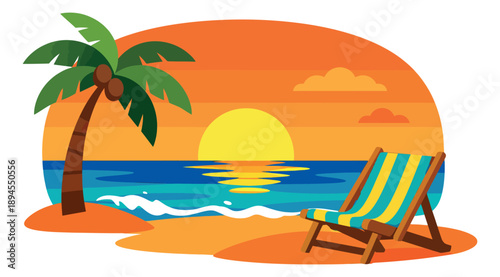 Flat design illustration of a tropical beach sunset depicting a palm tree, beach chair, and ocean for summer vacation