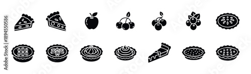 A versatile collection of dessert and fresh fruit silhouette icons perfect for baking blogs restaurant menus food packaging or culinary education resources.