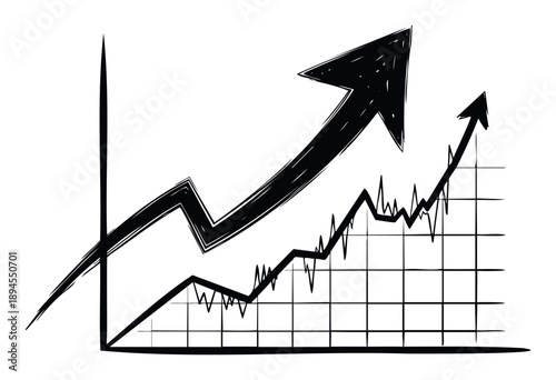 Hand drawn financial charts depicting consistent business growth and market fluctuations with ascending lines and bold arrows, useful for economic presentations or data visualization.
