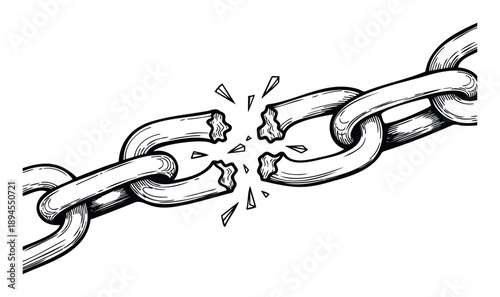 A striking black and white drawing of a heavy metal chain snapped in two pieces, representing strength, resilience, and the act of overcoming obstacles in various print and digital media.