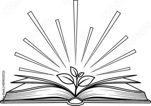 Black and white line art drawing depicts a small plant sprouting from the center of an open book radiating bright light symbolizing knowledge growth and enlightenment.
