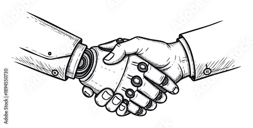 A human hand and a robotic hand shaking together, symbolizing collaboration and partnership between people and artificial intelligence in modern technology and business development.