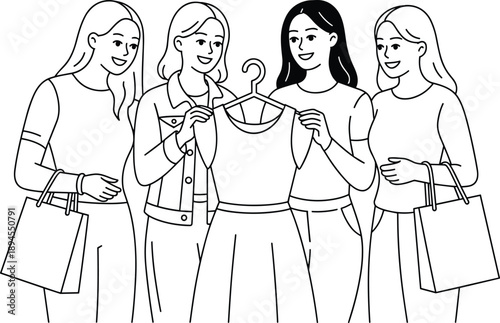 Group of young women shopping for clothes, friends choosing dress in fashion store, line art vector