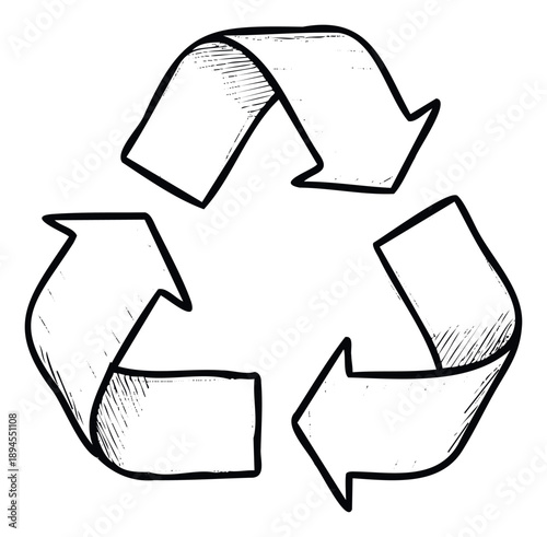 A sketched style recycling symbol with textured shading representing environmental protection, sustainability, and ecofriendly practices for use in various print and digital media projects