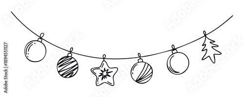 Simple doodle style Christmas ornaments hanging on a string line perfect for holiday greeting decorations or seasonal event promotions and festive graphic accents