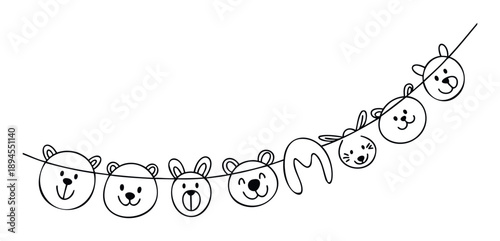 Sweet handdrawn animal and letter M bunting featuring smiling bear, bunny, and cat faces, excellent for kids room decor, celebration invitations, or playful educational materials.
