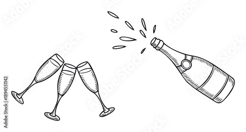 Hand drawn sketch of a celebratory champagne bottle opening with splashing bubbles alongside three clinking champagne glasses, perfect for party invitations or festive event promotions.