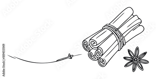 Aromatic cinnamon sticks and a star anise pod presented as cooking ingredients and fragrant spices perfect for use in culinary themed projects, recipes, and seasonal decor