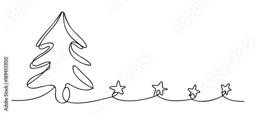 Simple elegant continuous stroke drawing featuring a festive fir tree and star ornaments suitable for winter holiday graphic projects or event branding