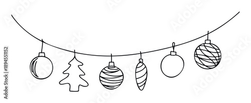 A festive garland featuring various hanging Christmas ornaments including baubles and a tree outline, perfect for holiday decorations, greeting pages, or winter event invitations.