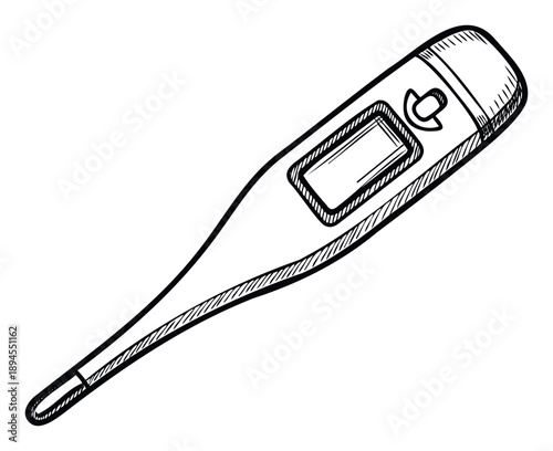 Black outline drawing of a modern digital medical thermometer, perfect for health awareness campaigns, educational graphics, or healthcare service promotions