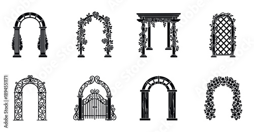 Collection of diverse garden arches and elegant pergolas with detailed floral and classic designs perfect for enhancing outdoor landscapes and event venues